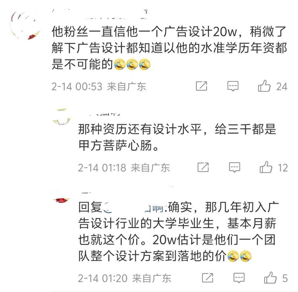 这个洗脑包很久了，20万应该是整个团队接的设计方案落地价，而不是他自己的作品值2