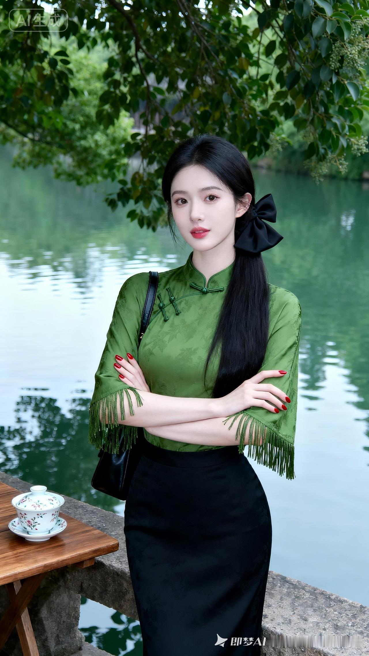 优雅绿裙，黑发红唇，静坐湖畔，茶香悠然。