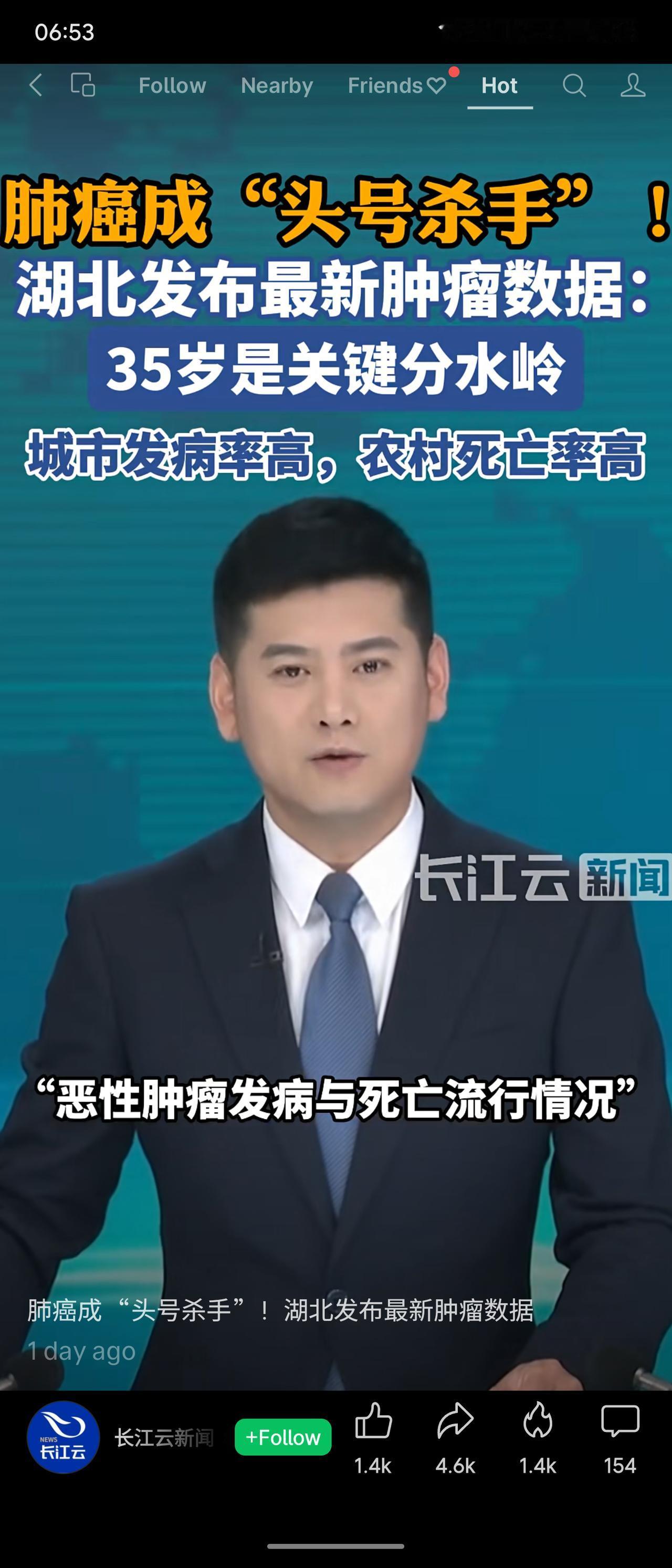 湖北最新肿瘤数据显示，肺癌已成为“头号杀手”，35岁是发病关键分水岭。2022年