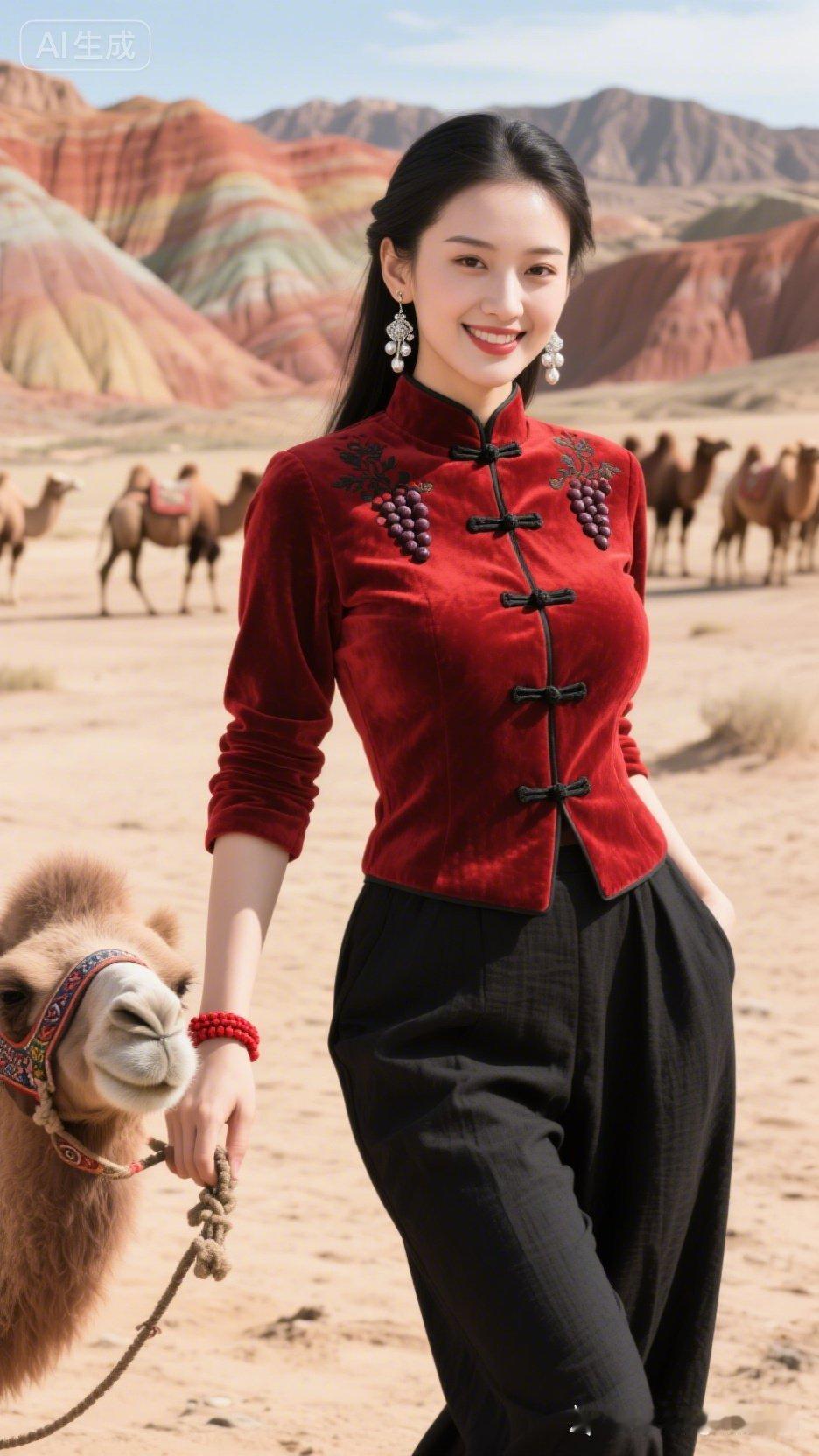 沙漠中的东方美人，牵着骆驼，感受异域风情。