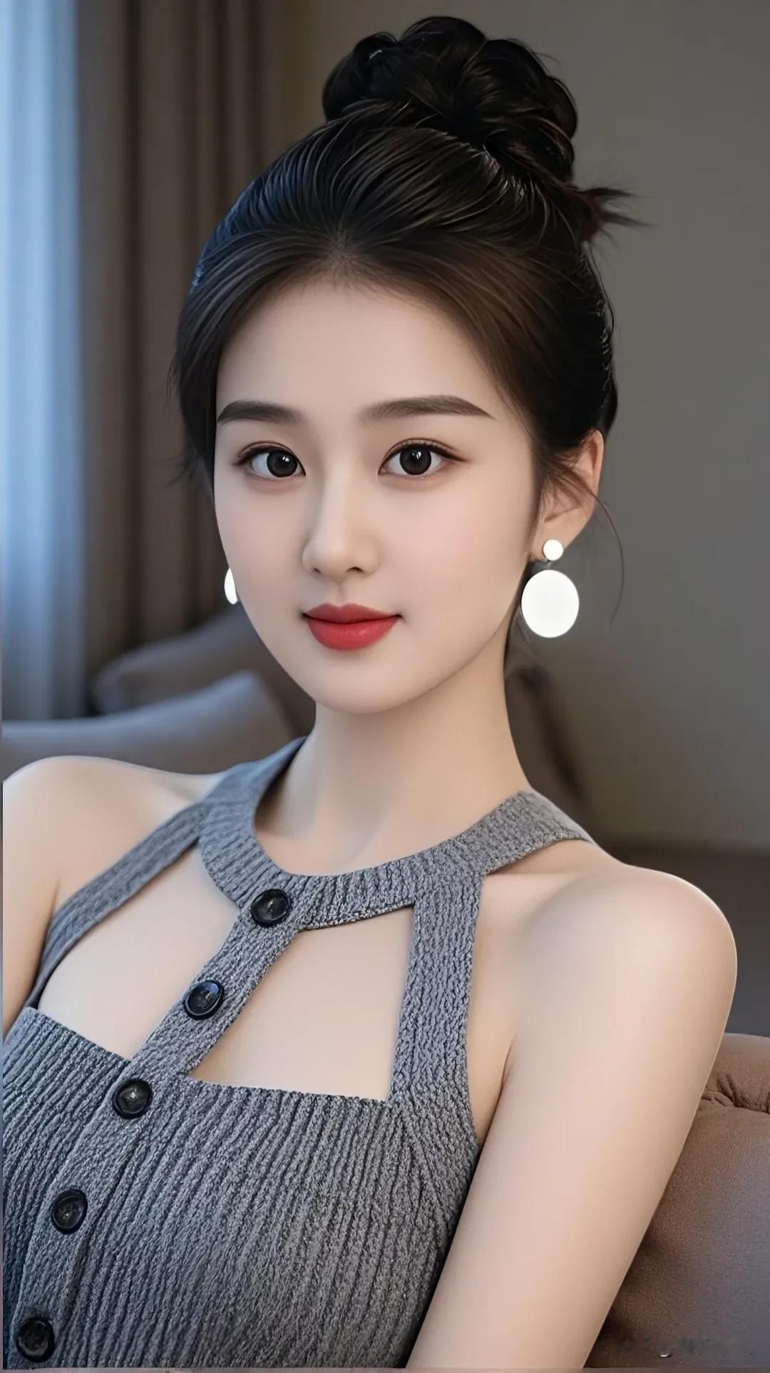 这发型盘得，简直是时尚教科书级别，把精致的五官衬托得更绝了。身上这件衣服也选得太