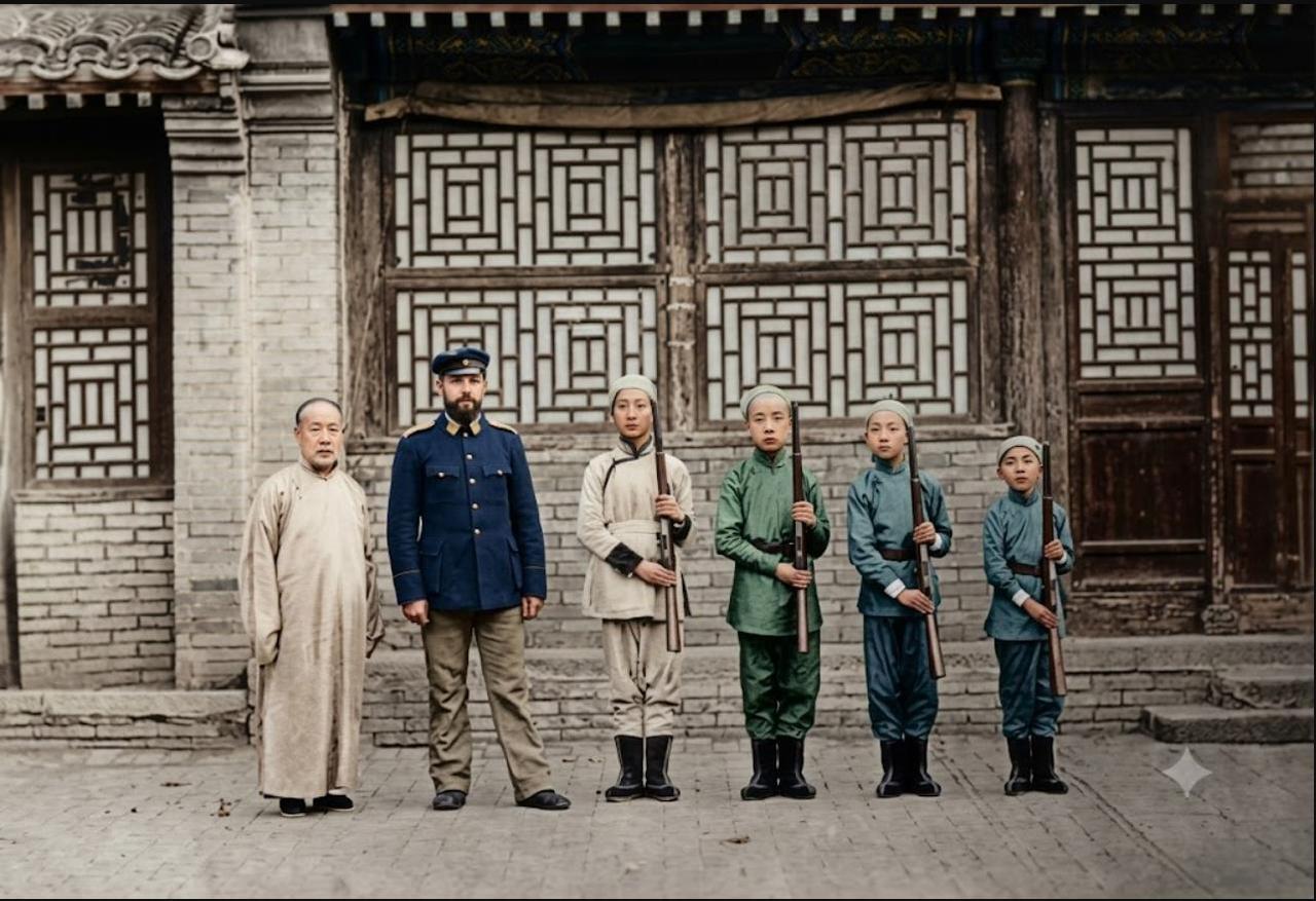 1908年，“铁帽子王”肃亲王善耆（左一）与外国教官在府中训练子女使用洋枪。为