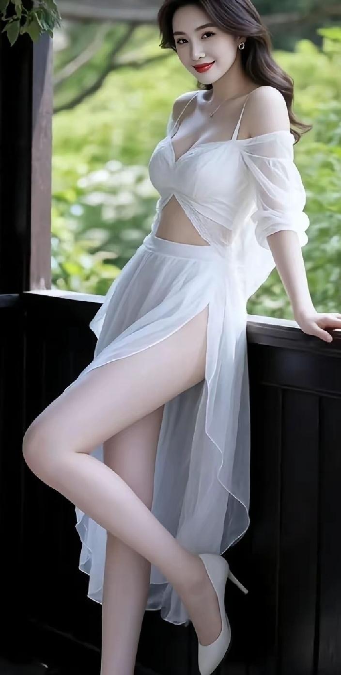 这位女士穿着白色连衣裙，倚靠在栏杆上。穿高跟鞋是裙子的标配。不过除了高跟鞋，搭配