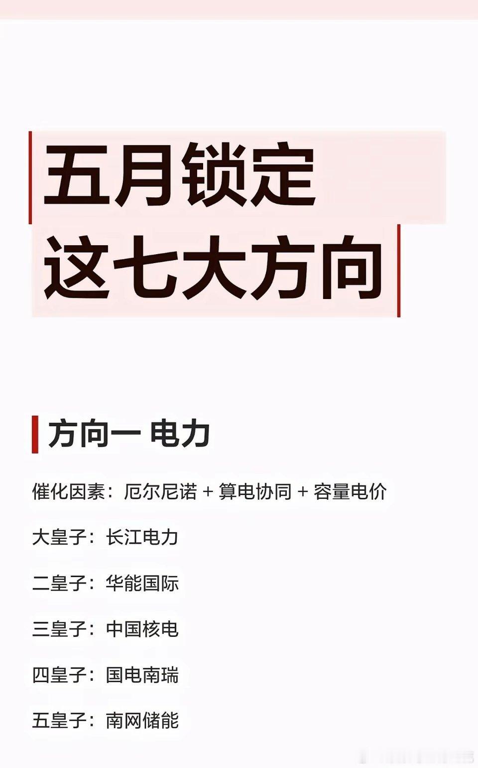 五月锁定这七大方向方向一电力催化因素：厄尔尼诺+算电协同+容量电价大皇