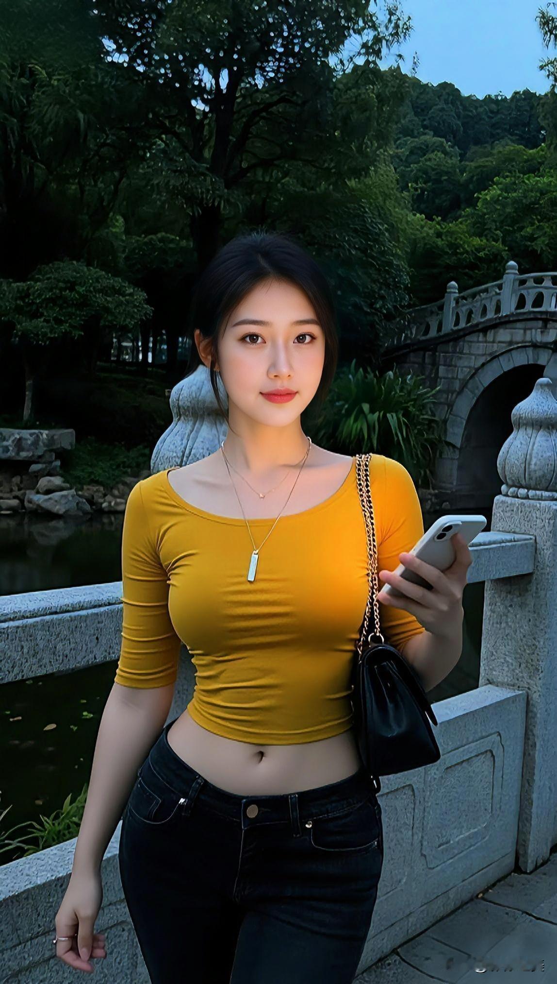 傍晚的公园邂逅亮眼穿搭，姜黄色短款上衣配黑裤利落又显气质，暖光下更衬出温柔氛围感