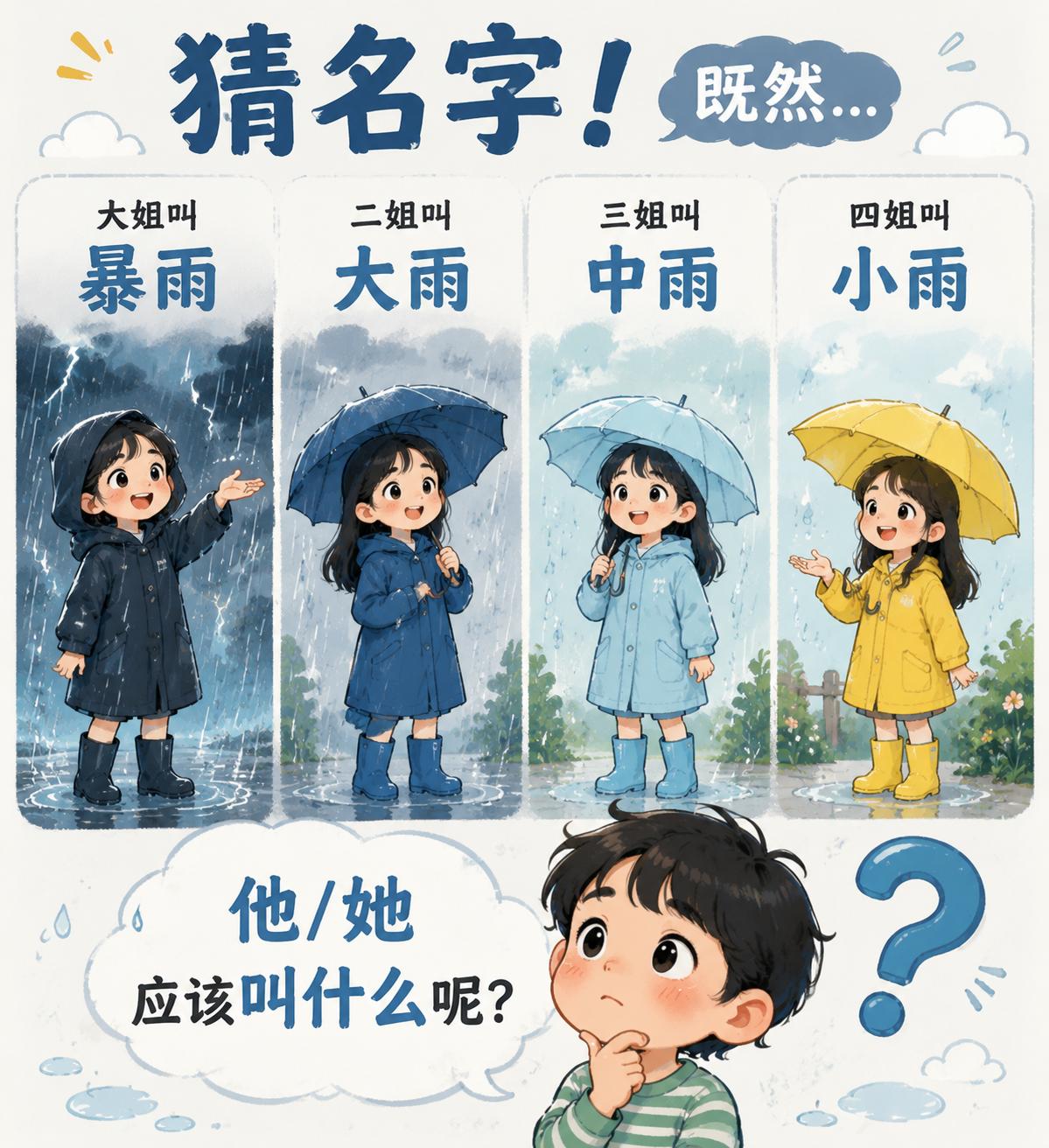 猜名字，既然大姐叫暴雨二姐叫大雨三姐叫中雨四姐叫小雨那么他/她应该叫什