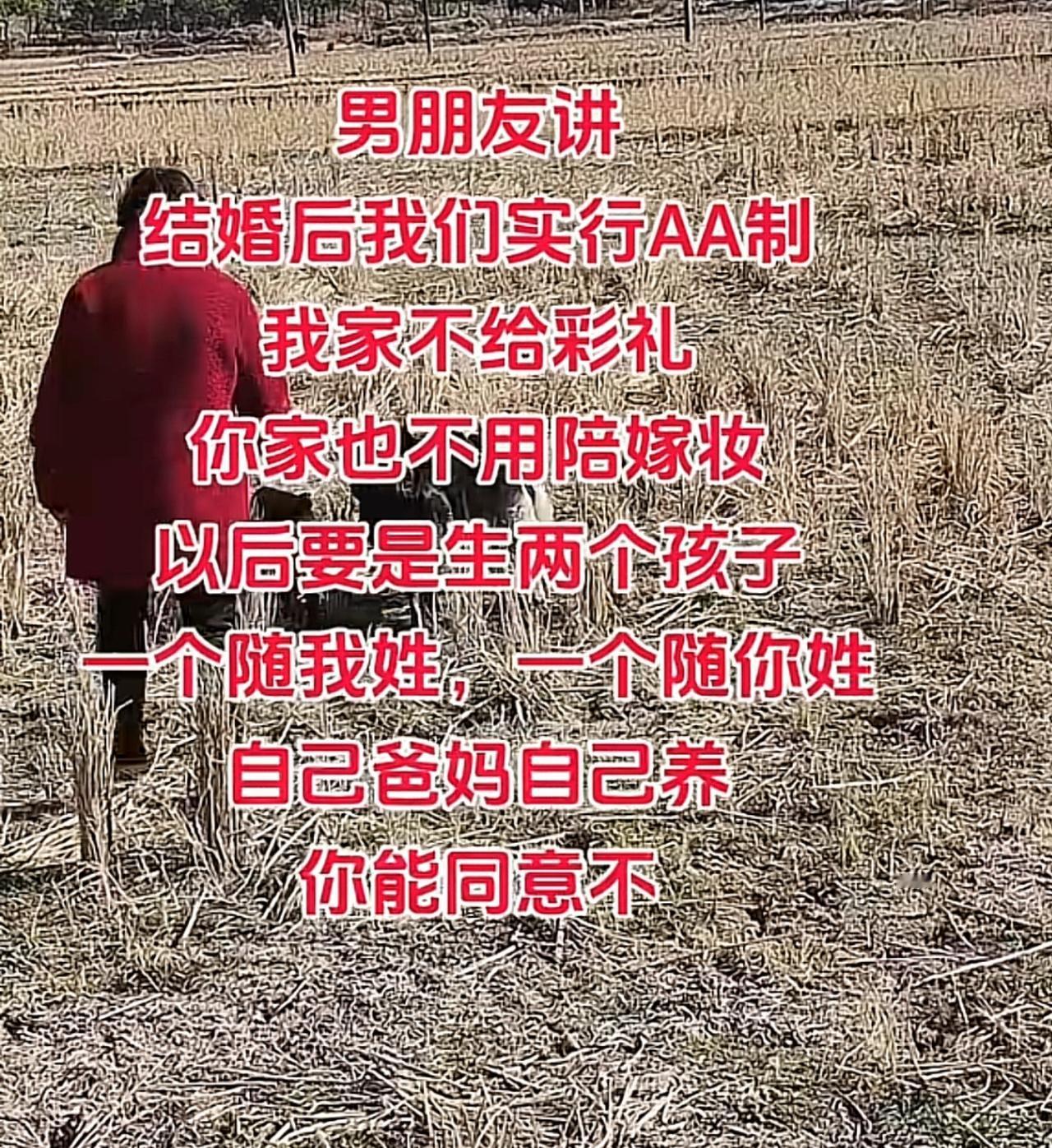 男朋友讲结婚后我们实行AA制我家不给彩礼你家也不用陪嫁妆以后要是生两个孩