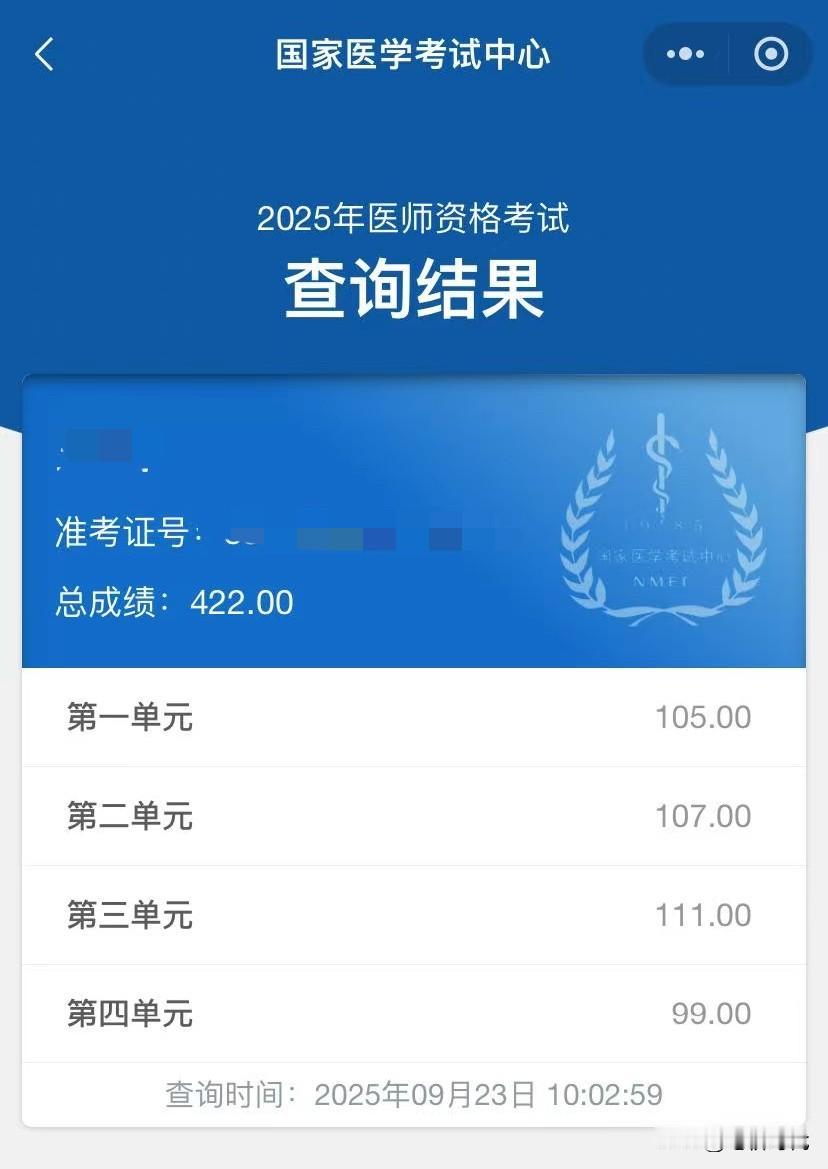 心里的一块石头终于落了地！儿子刚刚发来医师综合笔试成绩查询图片，考了422分。说
