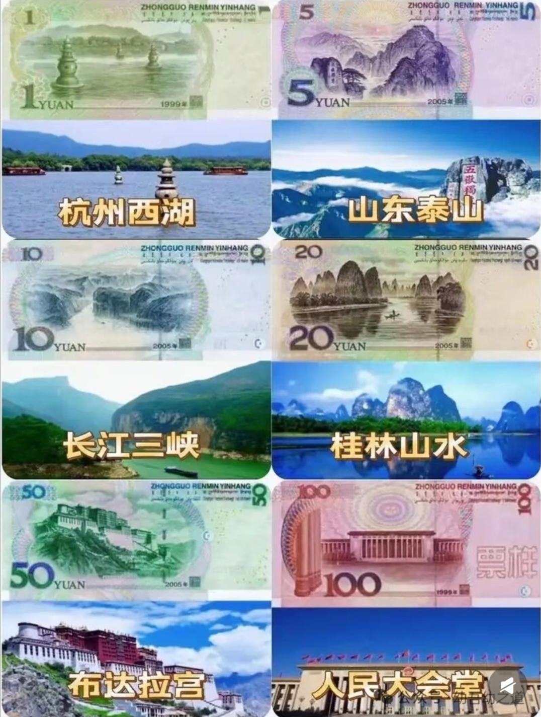 终于有人把钱看透了不知道大家有没有仔细观察每张纸币后面的图案:1元：看水5