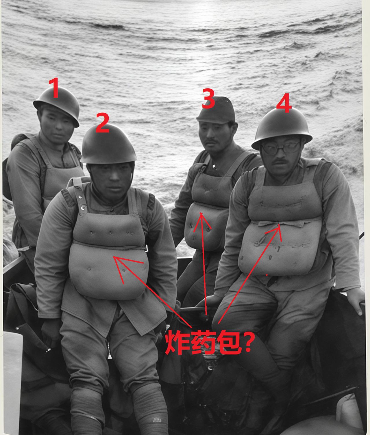 1938年，日军在河南濮阳范县渡过黄河的老照片。4个日军士兵并排坐在船头，笔者比