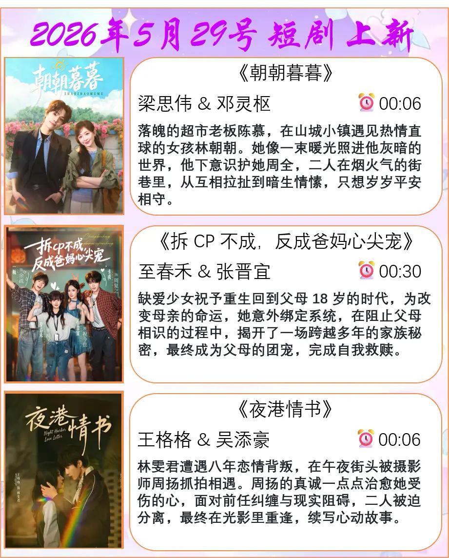🔥📺2026年5月29日短剧上新预告✨🔥1.💕《朝朝暮暮》｜梁思伟