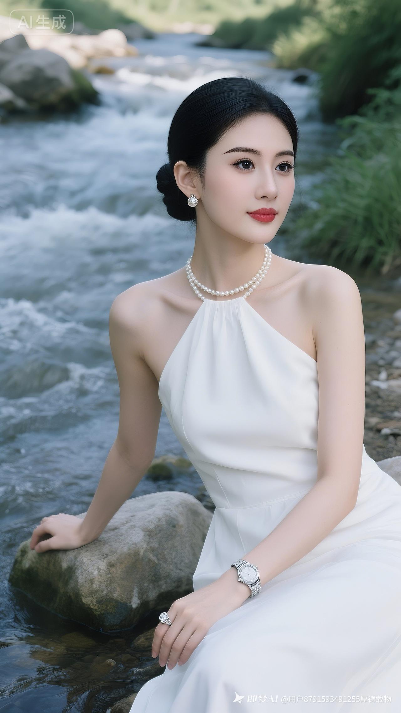 女子梳着利落黑色盘发，佩戴珍珠耳饰、珍珠项链、钻石戒指与银色手表，身着白色无袖挂