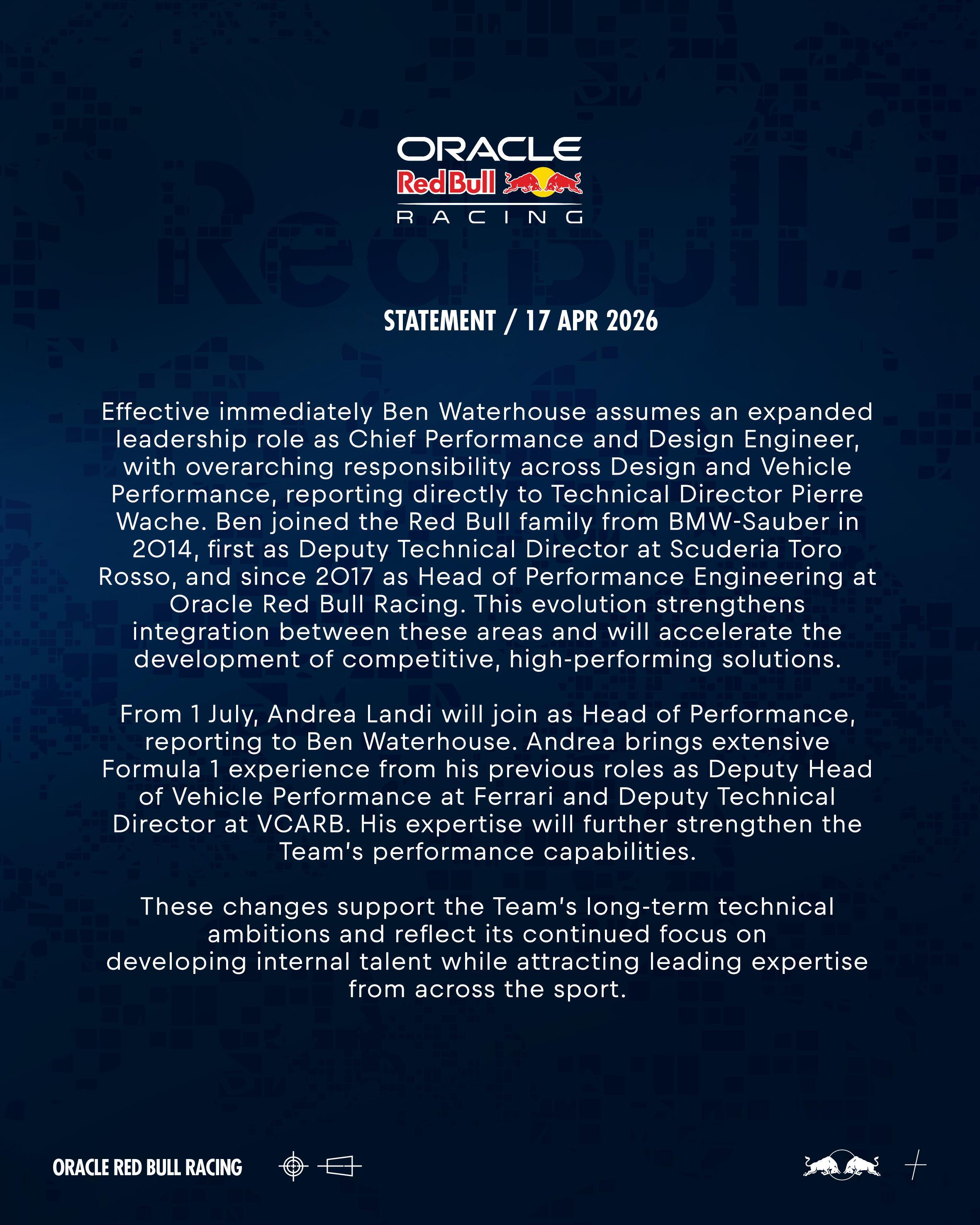 红牛车队宣布两项内部架构调整本·沃特豪斯将担任首席性能和设计工程师，全面负责设计