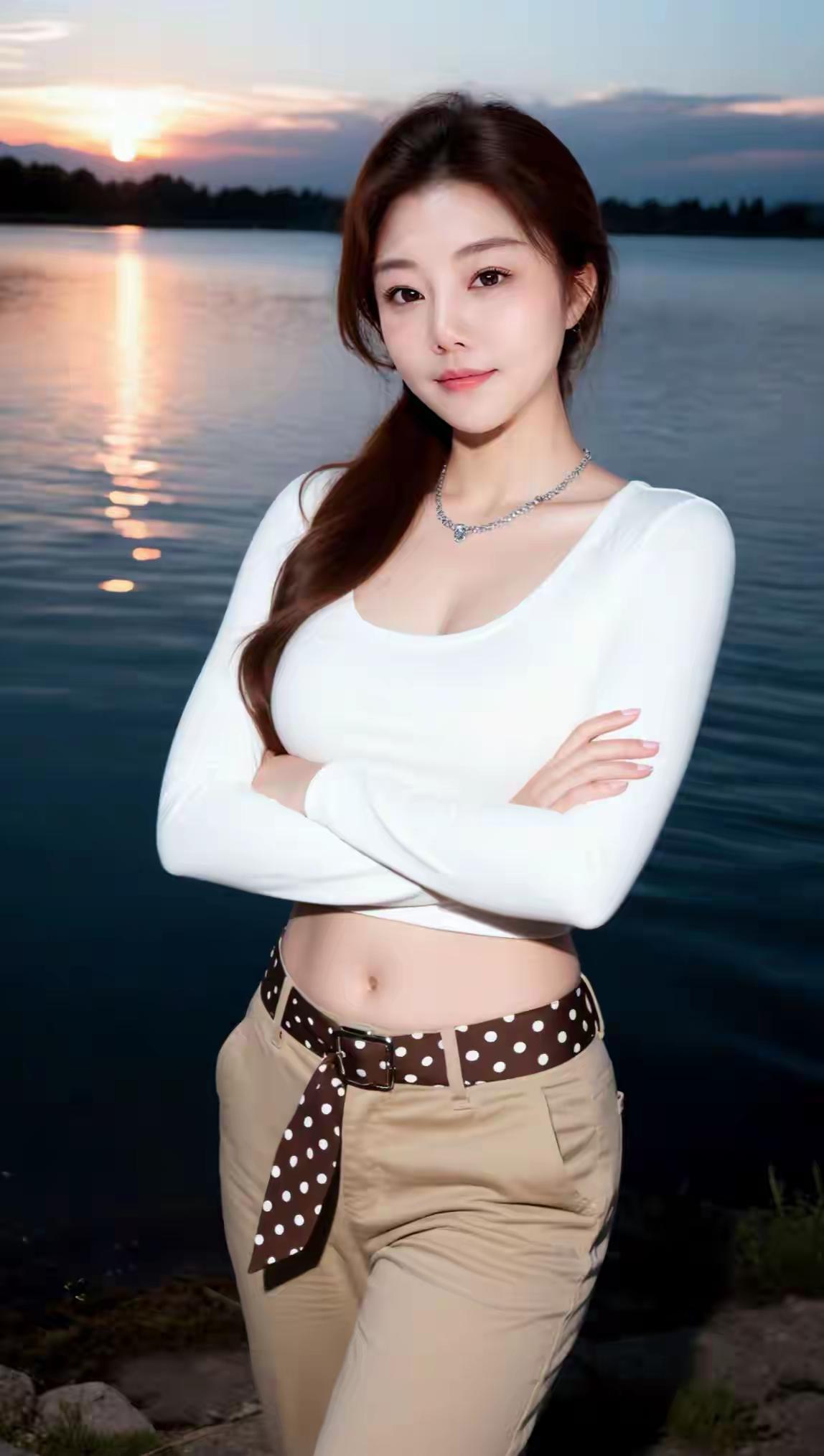 标题：夕阳湖畔少女的魅力夕阳下的湖畔少女，温柔与自信并存。她静静地坐在湖边，