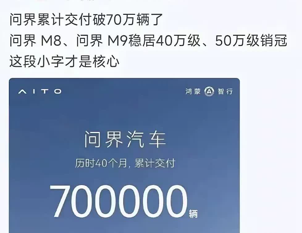 问界汽车累计交付量突破70万辆了近日，赛力斯发布：到目前为止问界汽车累计
