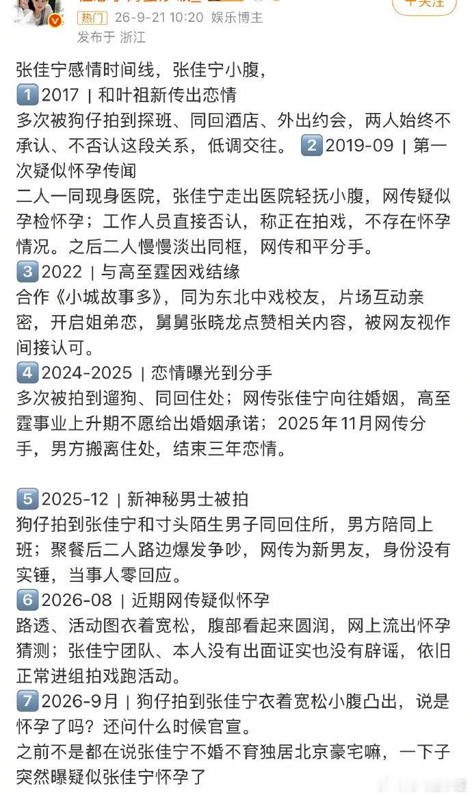 #张佳宁感情时间线##张佳宁孩子父亲#张佳宁疑似怀孕啦？？？孩子父亲是谁？？？记忆里好久没见她出来活
