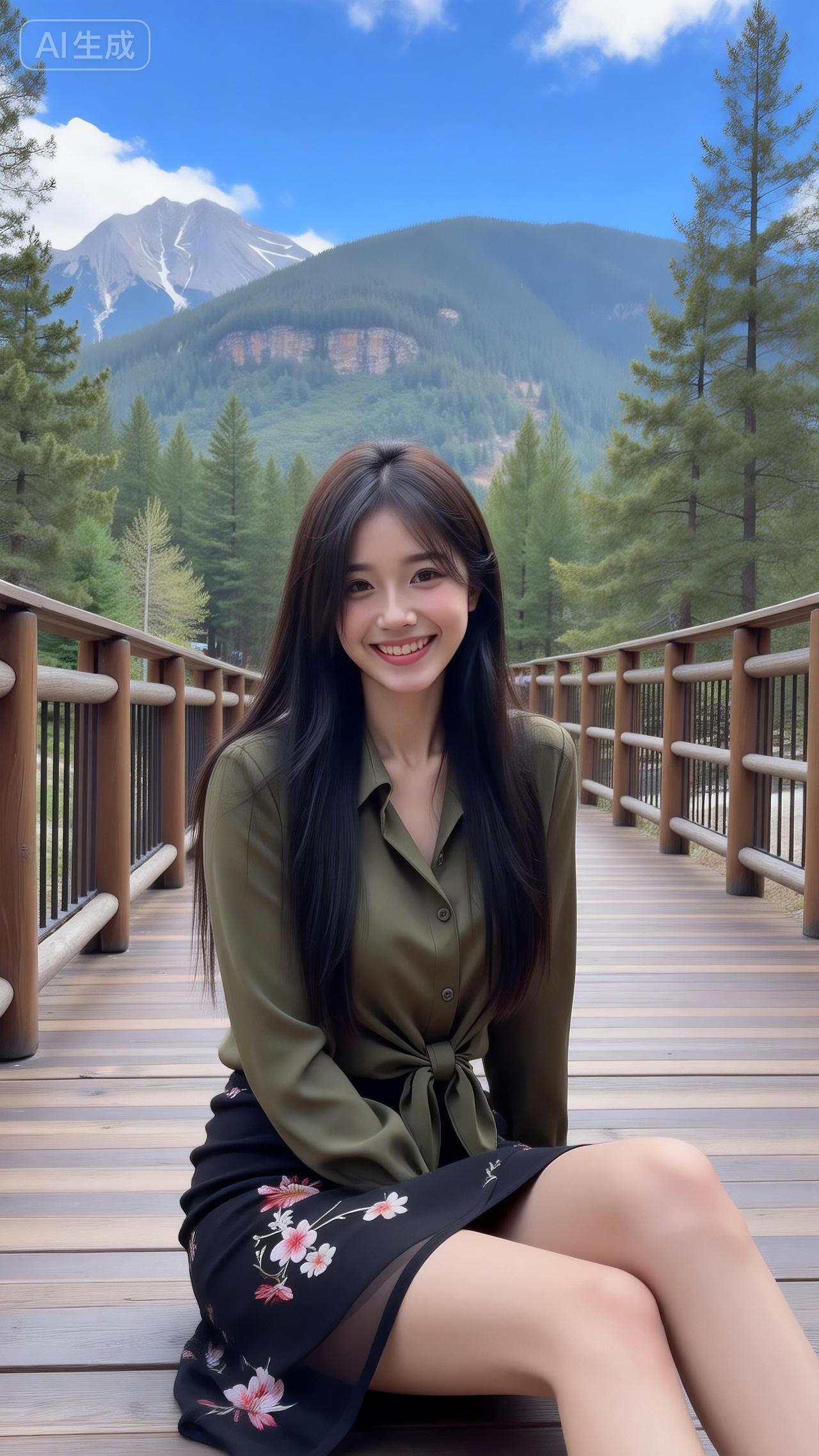 山林栈道的温柔系少女橄榄绿衬衫裹着松弛感，黑裙的玫瑰印花添了点柔媚~连远山