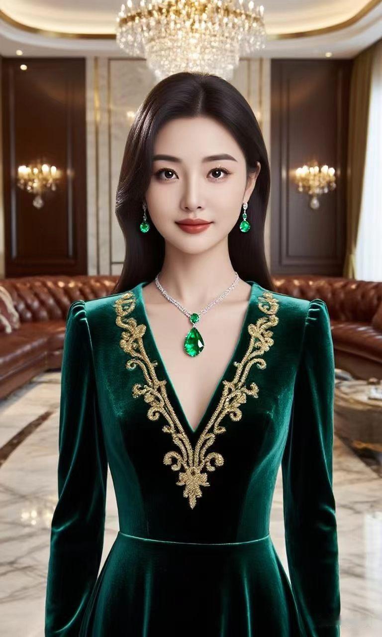 绿丝绒华服配祖母绿珠宝，气场全开的优雅女王，富贵迷人眼！