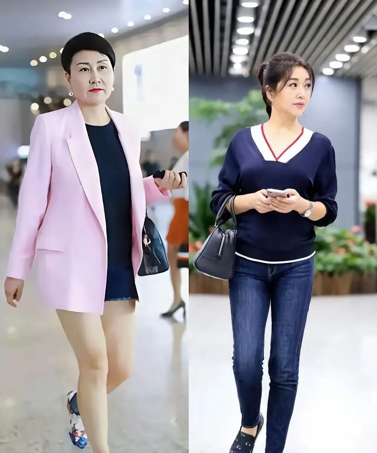 一个穿搭简约，大方，得体，美观，低调，一个高调，穿超短裤，秀美腿，装嫩，两位穿搭
