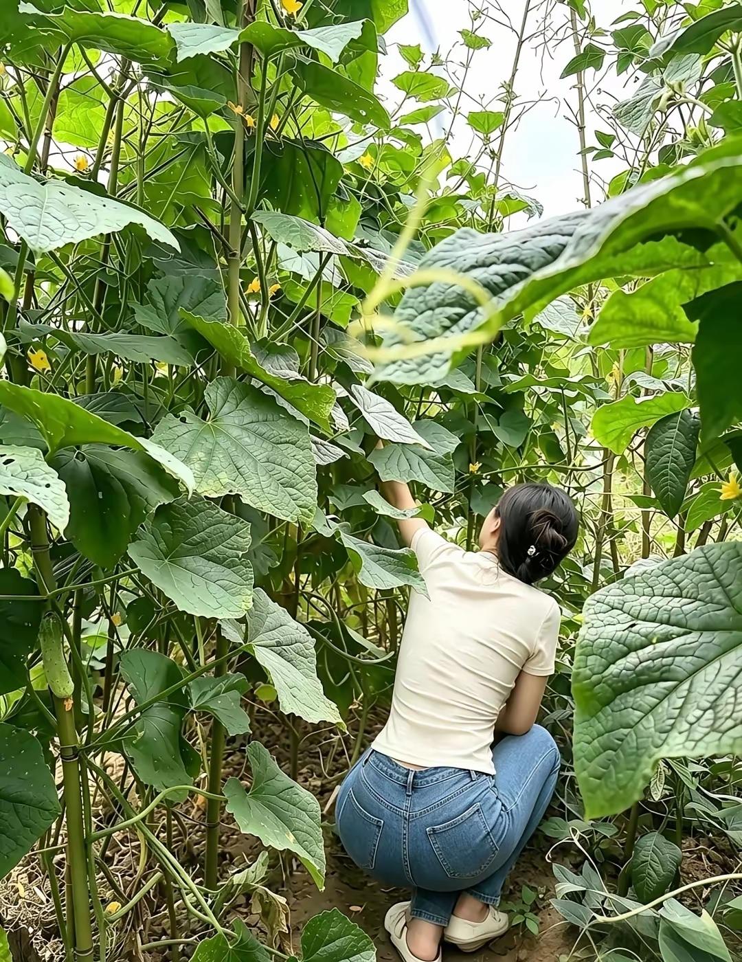 这姑娘在田里摘黄瓜呢。