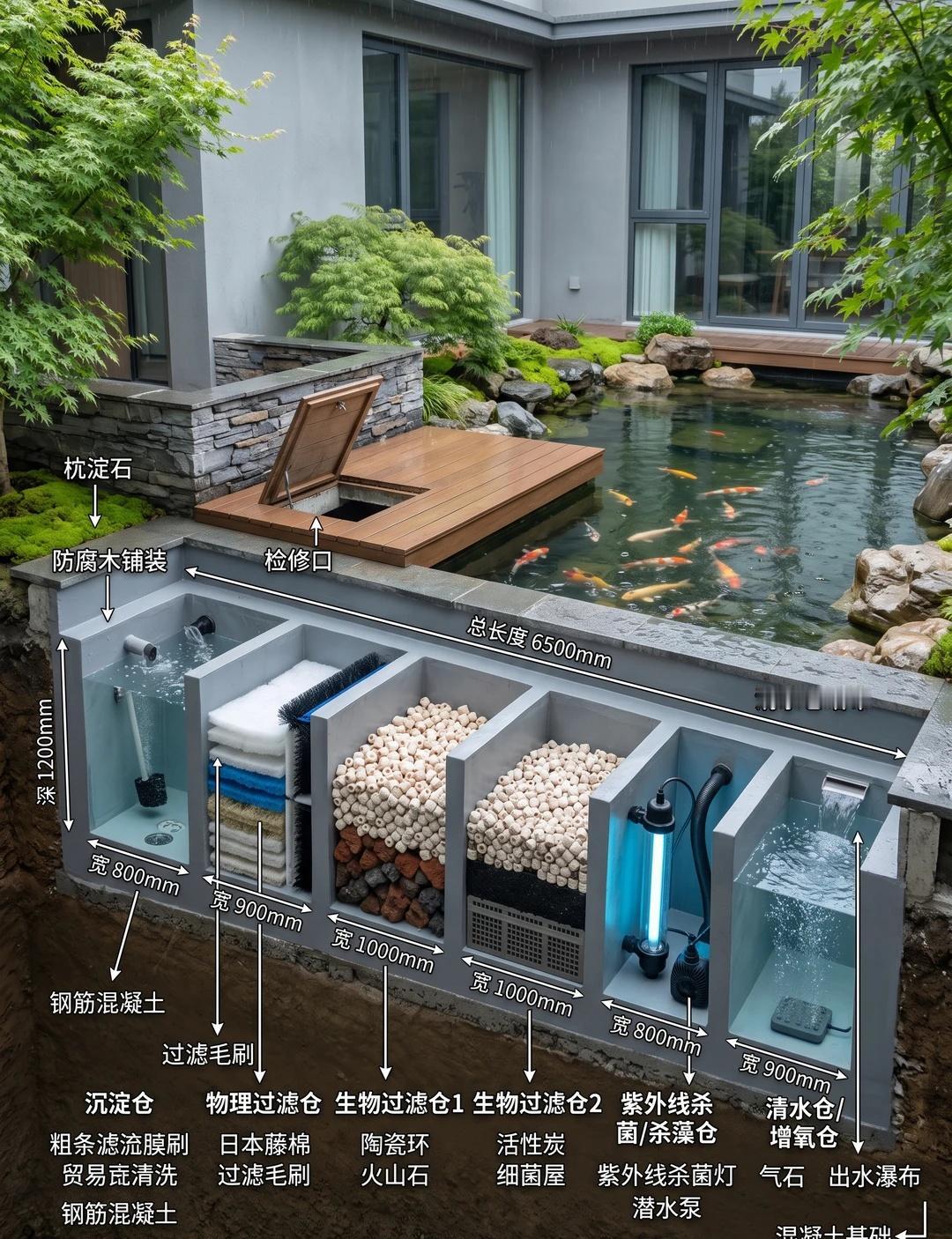 庭院鱼池净化仓核心节点剖面分享净化仓位置尽量低于鱼池水面，依靠重力流水，减少水