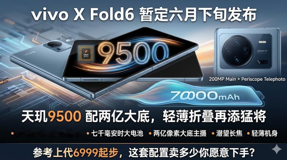 vivoXFold6暂定六月下旬发布，天玑9500配两亿大底，轻薄折叠再添猛
