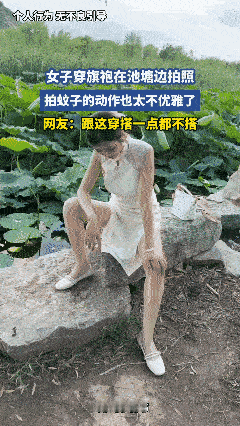 女子穿旗袍在池塘边拍照，拍蚊子的动作也太不优雅了，网友：跟这穿搭一点都不搭[捂脸