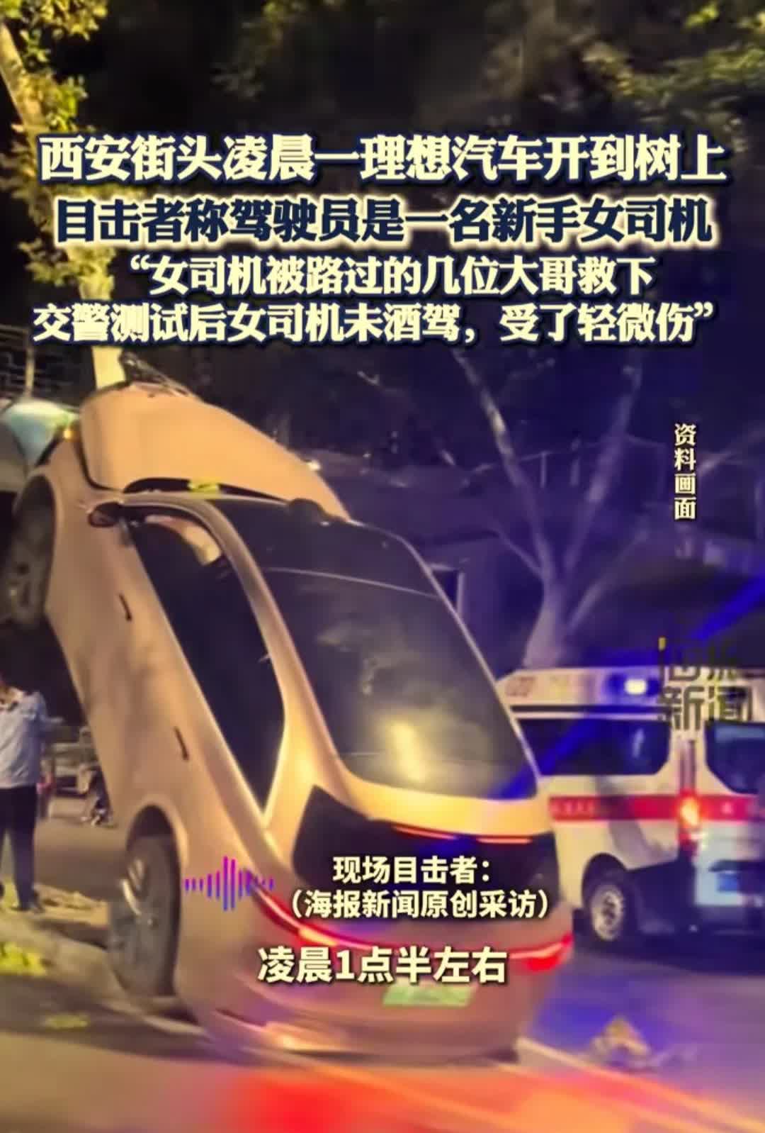 在西安，8月15日凌晨1点半左右，一女子将一辆新车理想L9开到了树上。一目击