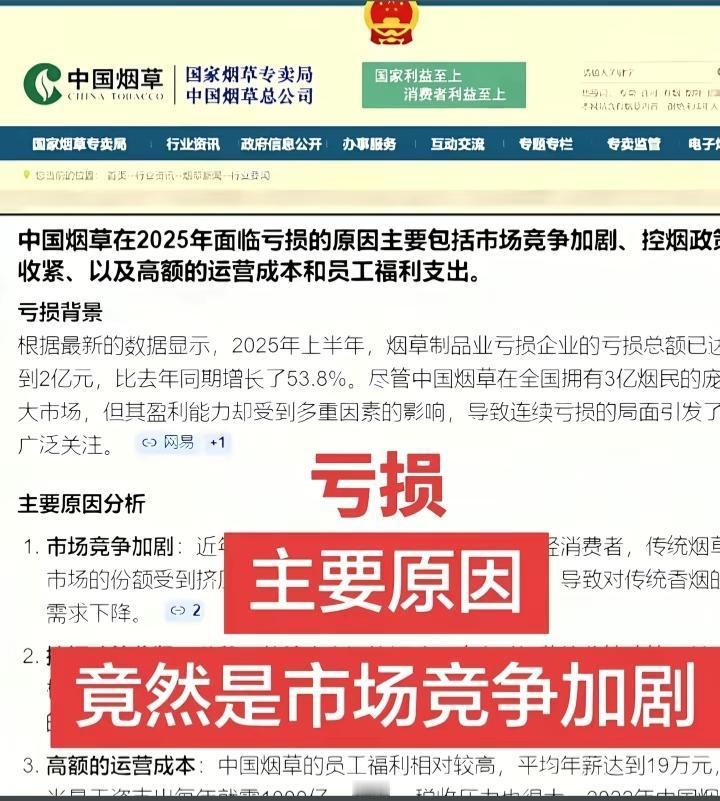 中国烟草不出意外的走两桶油的道路！亏损了！当然亏损原因很多，但中国烟草的官网分析