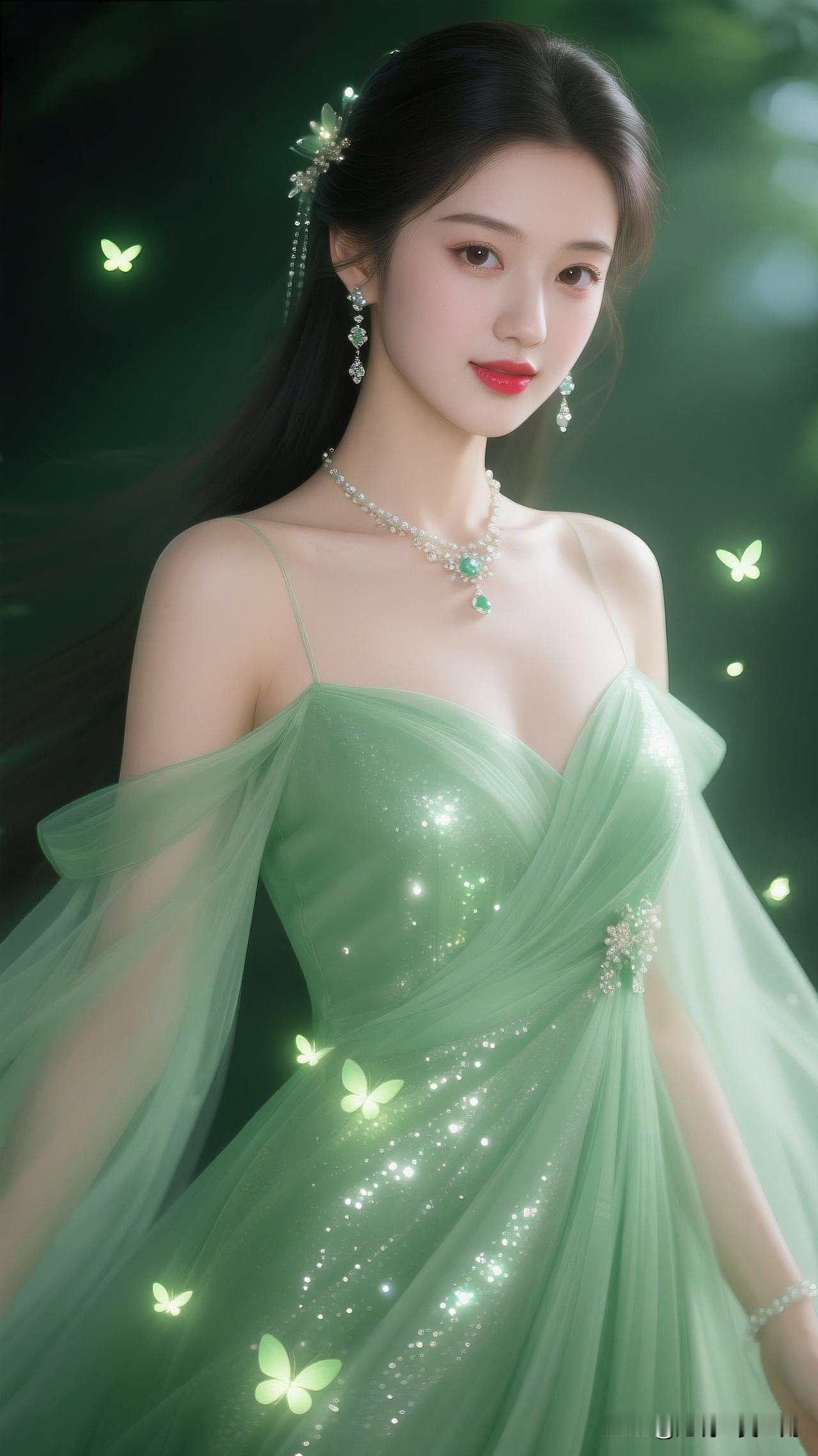 绿衣美人，蝴蝶翩翩。女人最耐看的长相是什么样的梦幻森林中的仙女，轻盈飘逸的绿色