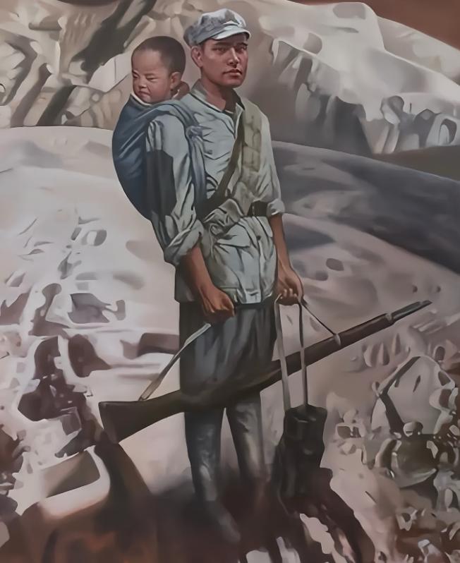 下图是根据史实所绘，画中男子原型是马泽迎将军，而背上的孩子则是他在长征途中收养的