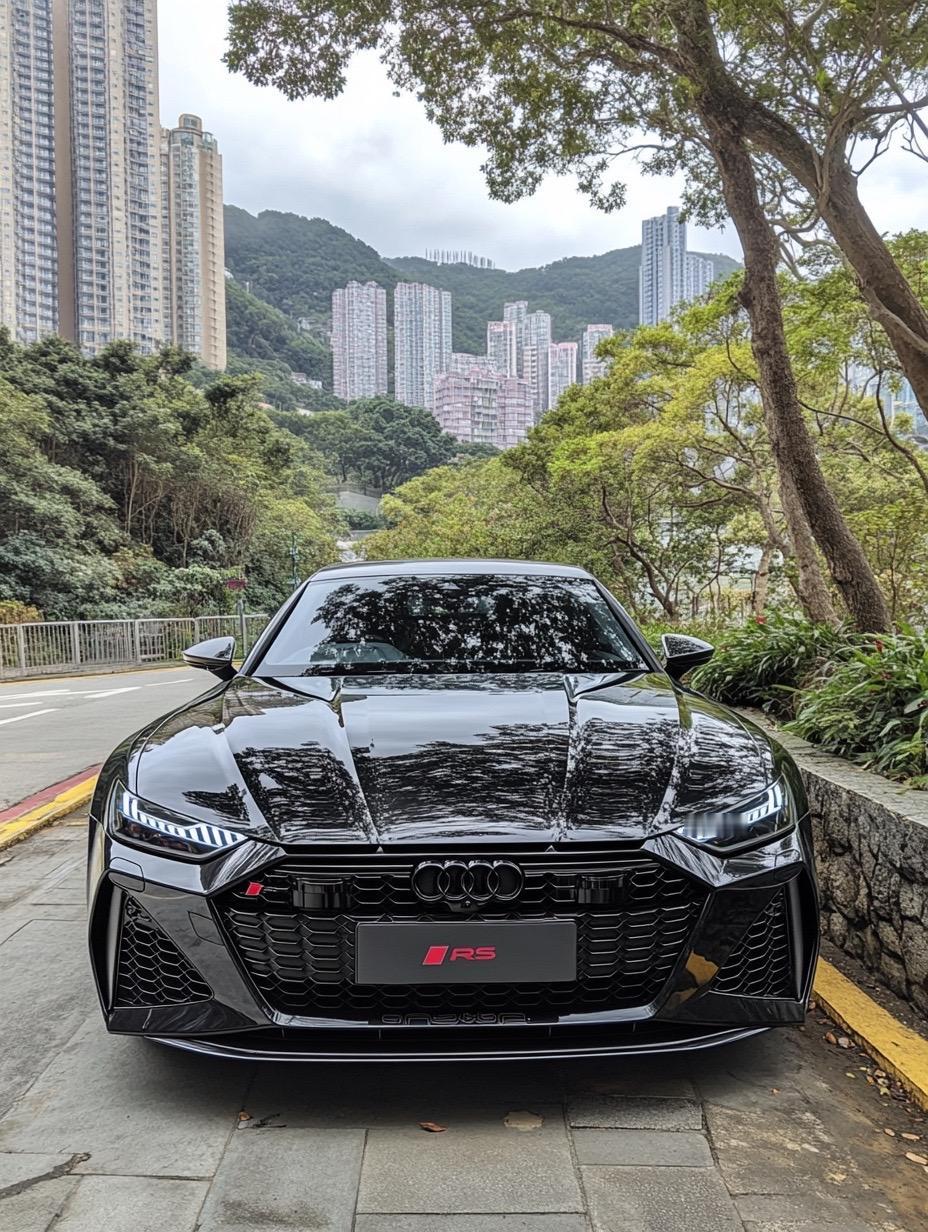 黑化奥迪RS7，街头气场拉满黑化奥迪RS7停在街头，周围高楼和树全成了背景板。这车漆反光跟镜子似的，