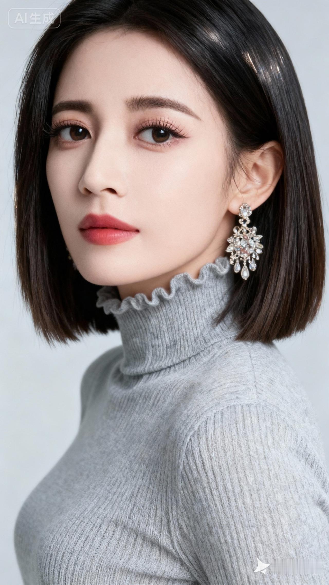 优雅气质，灰色高领毛衣搭配闪亮耳环，尽显时尚魅力！💎✨