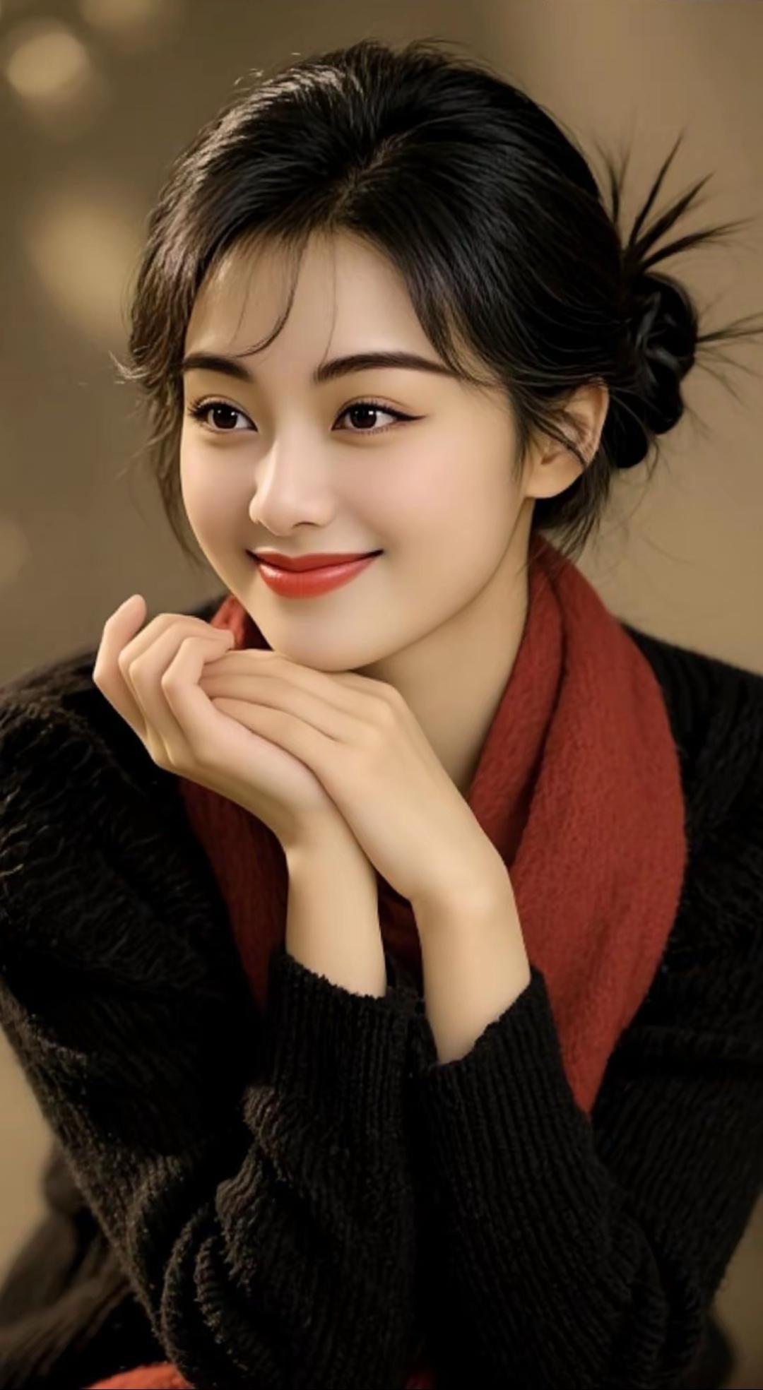 冬日暖阳下的甜美笑容，红围巾与黑毛衣的完美搭配，温暖你的心。高雅气质美女美女人