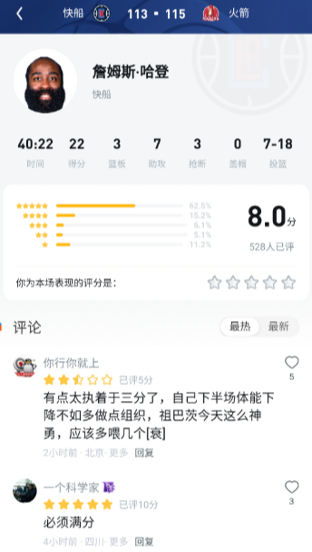 UC直播间评论区指出哈登这场体能还是存在很大问题，很多机会不如留给祖巴茨