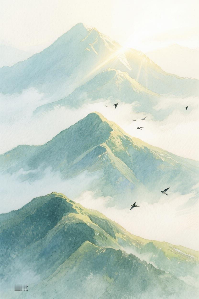 AI随心绘山峦在云雾间起伏，阳光洒落其上，每座山都有自己的姿态，人生亦如是✨