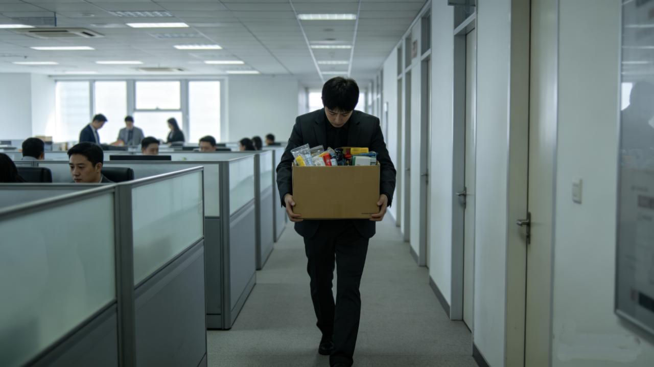 公司裁员名单公布了，小张在上面。他默默收拾东西，抱着纸箱往外走。路过老板办公室