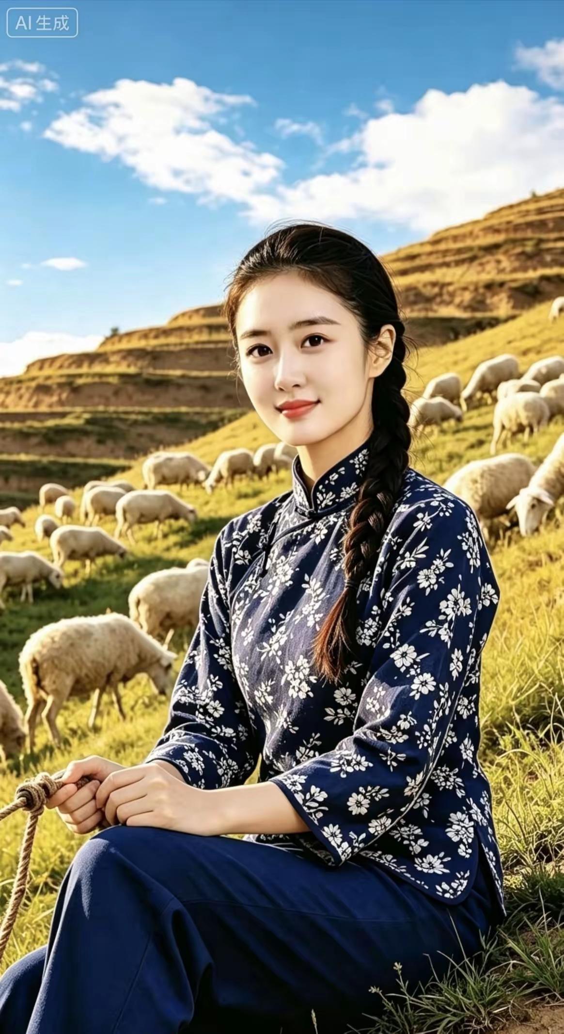 一位姑娘坐在田野里，背景是羊群。