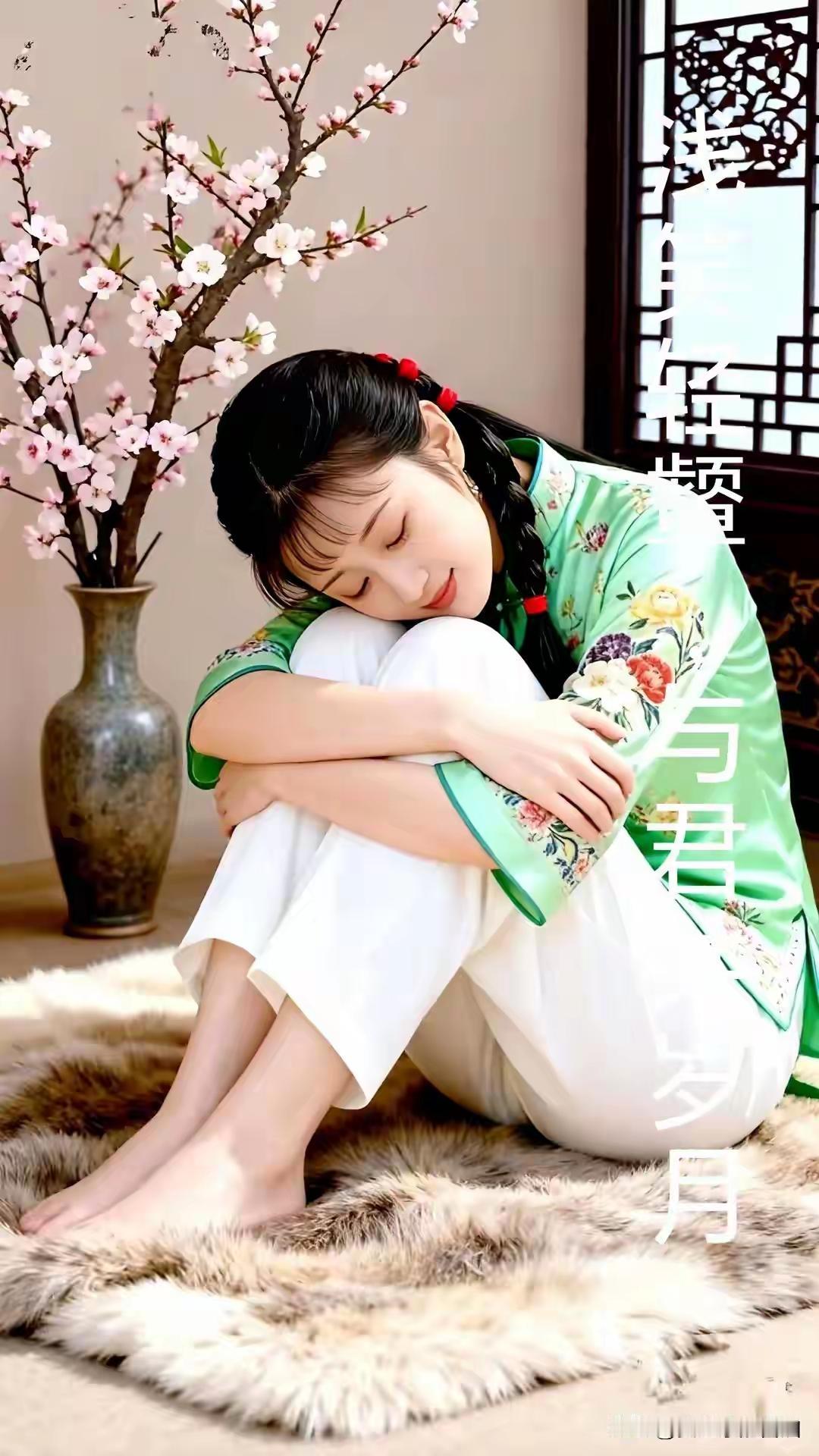 春日暖阳下，少女倚靠花枝，梦回古代的温柔时光。