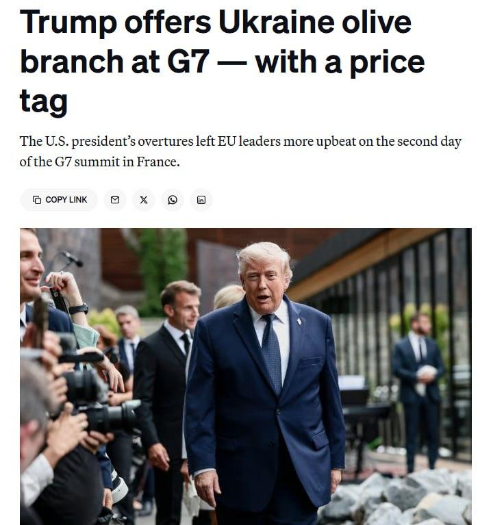 G7峰会第二天，特朗普在乌克兰问题上意外伸出“橄榄枝”。据Politico报道，