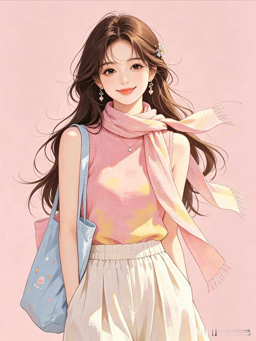 浅粉穿搭治愈满分，少女笑意揉碎温柔春光。甜半格治愈系少女插画头像分享插画头像