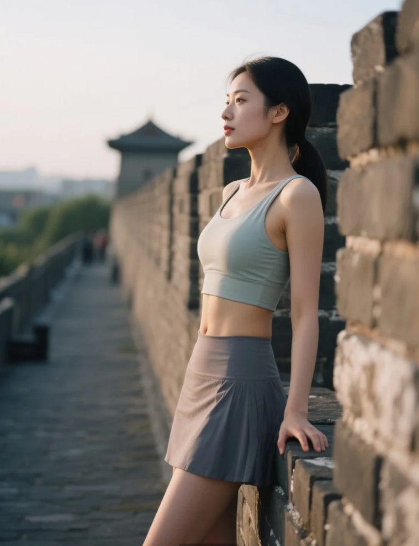 城墙上的亚洲美女，在宁静中感受历史的厚重