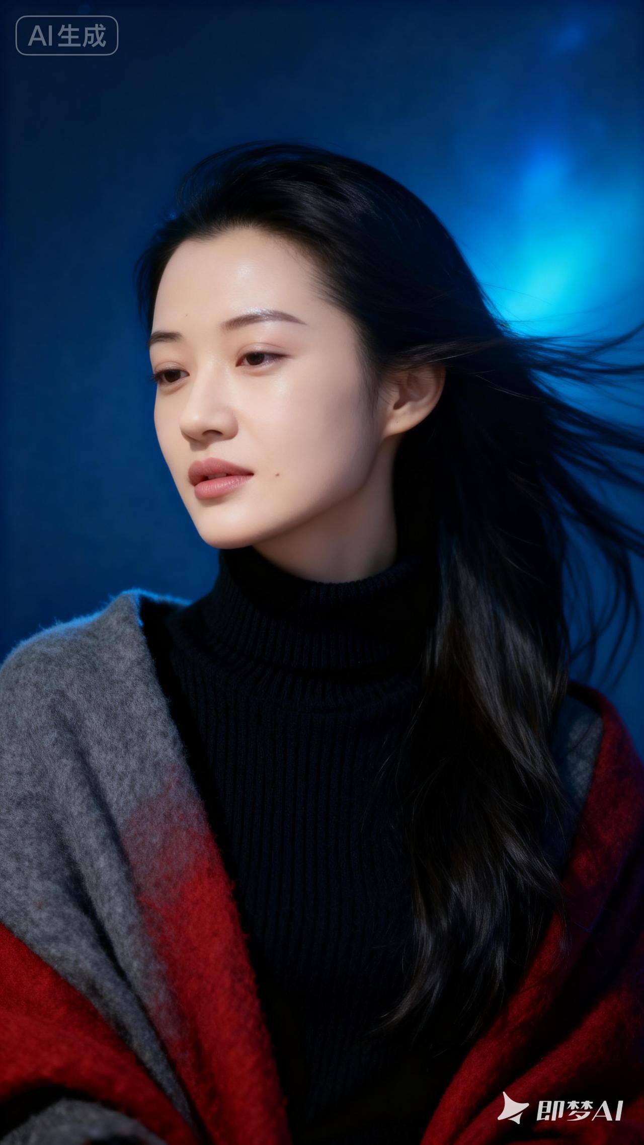 冷艳冬日，温柔少女，蓝色背景下的唯美瞬间