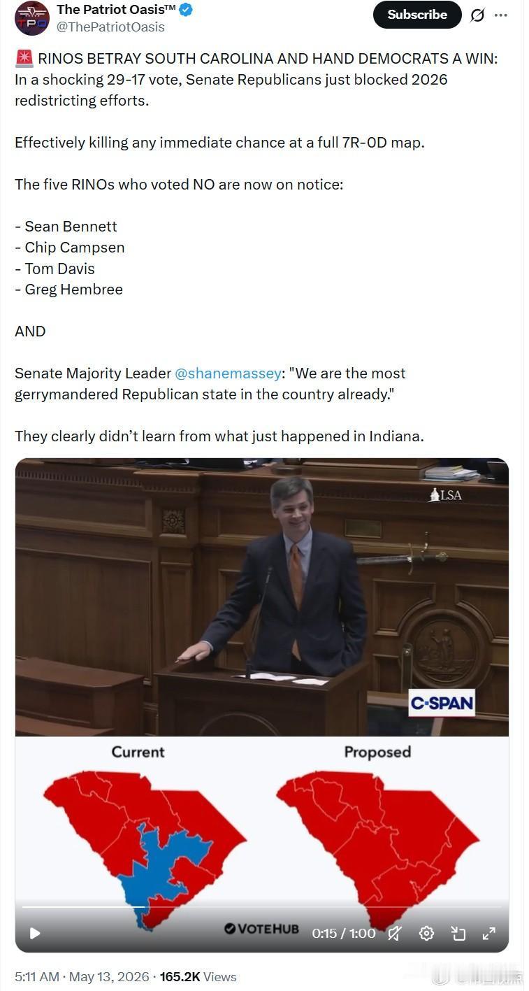 🚨名义共和党人（RINOs）背叛南卡罗来纳州，拱手送给民主党一场胜利：参议