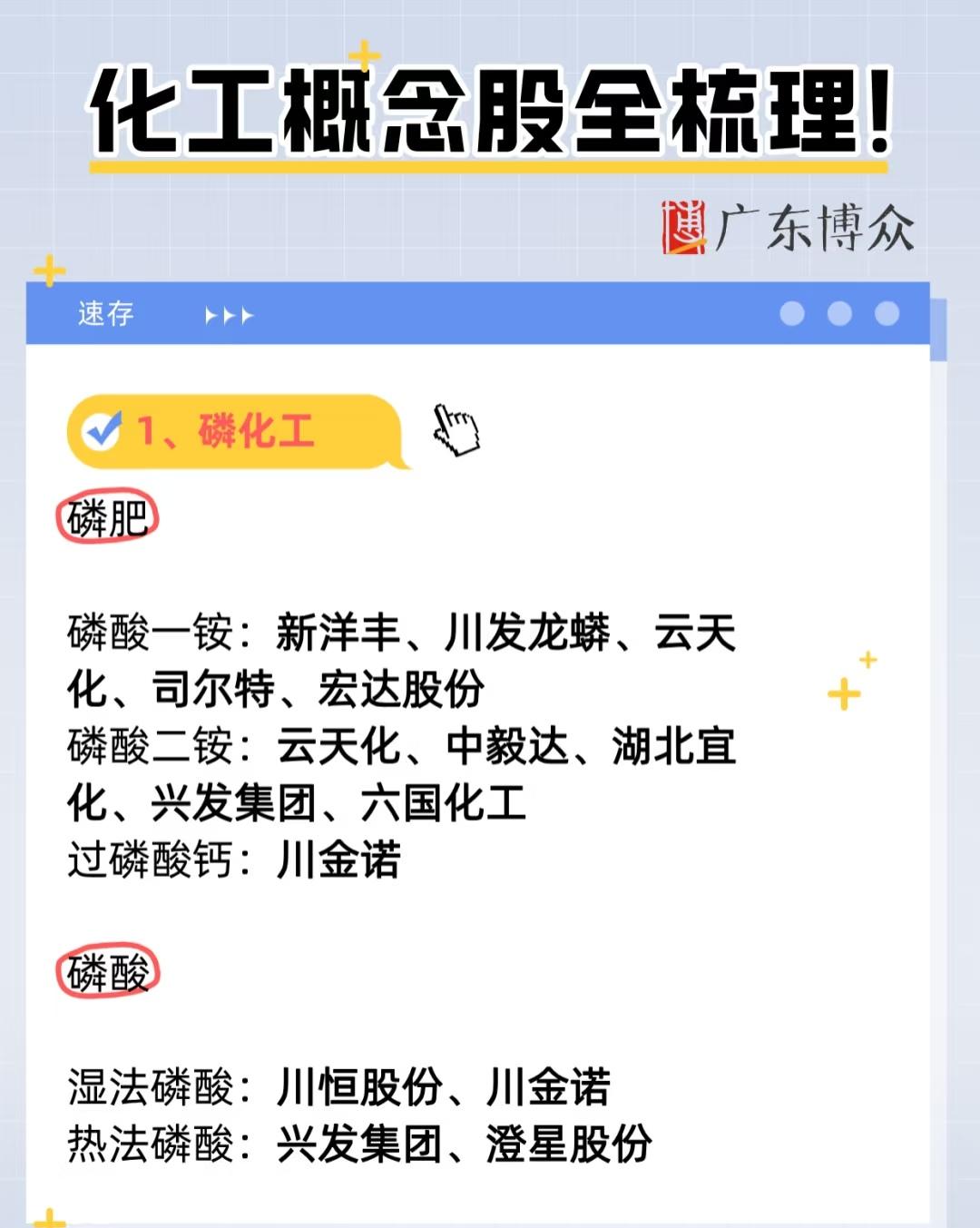 “化工概念股全梳理”，主要涵盖以下几大类化工板块及相关代表性企业：1.磷化