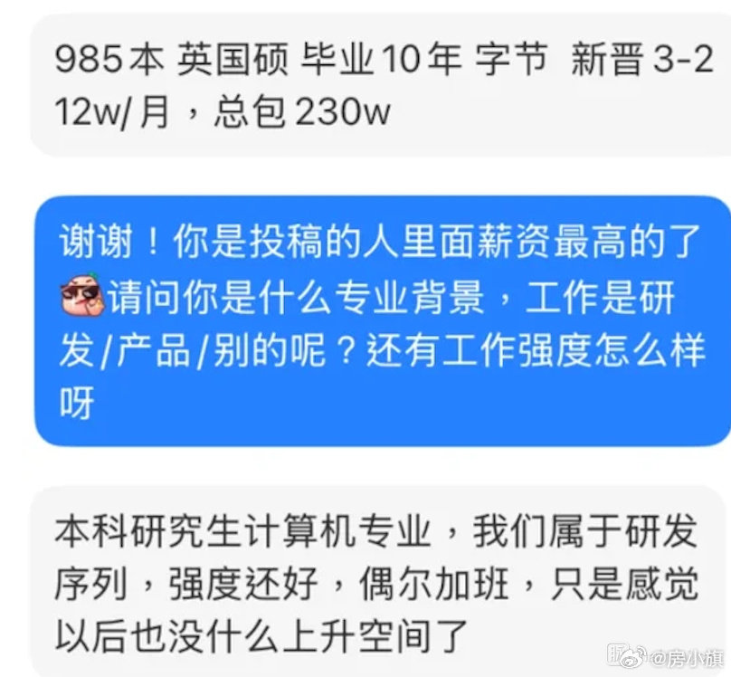 匿名案例整理字节员工爆料：985本+英国硕，毕业10年，字节新晋3-2，月薪12w，总包230w。计