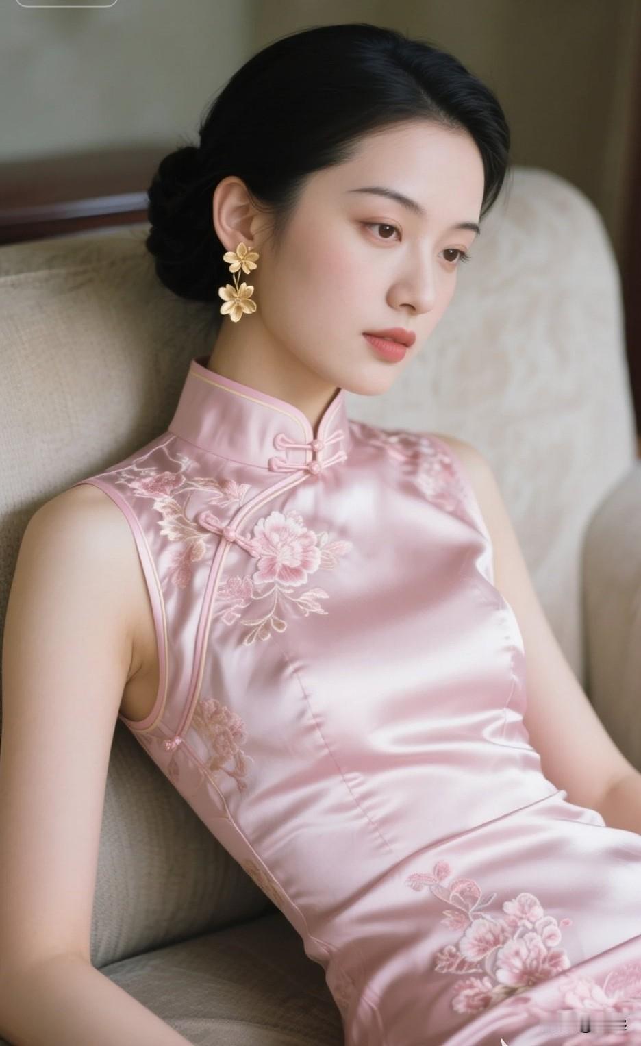 优雅东方美人，粉嫩旗袍，花枝招展