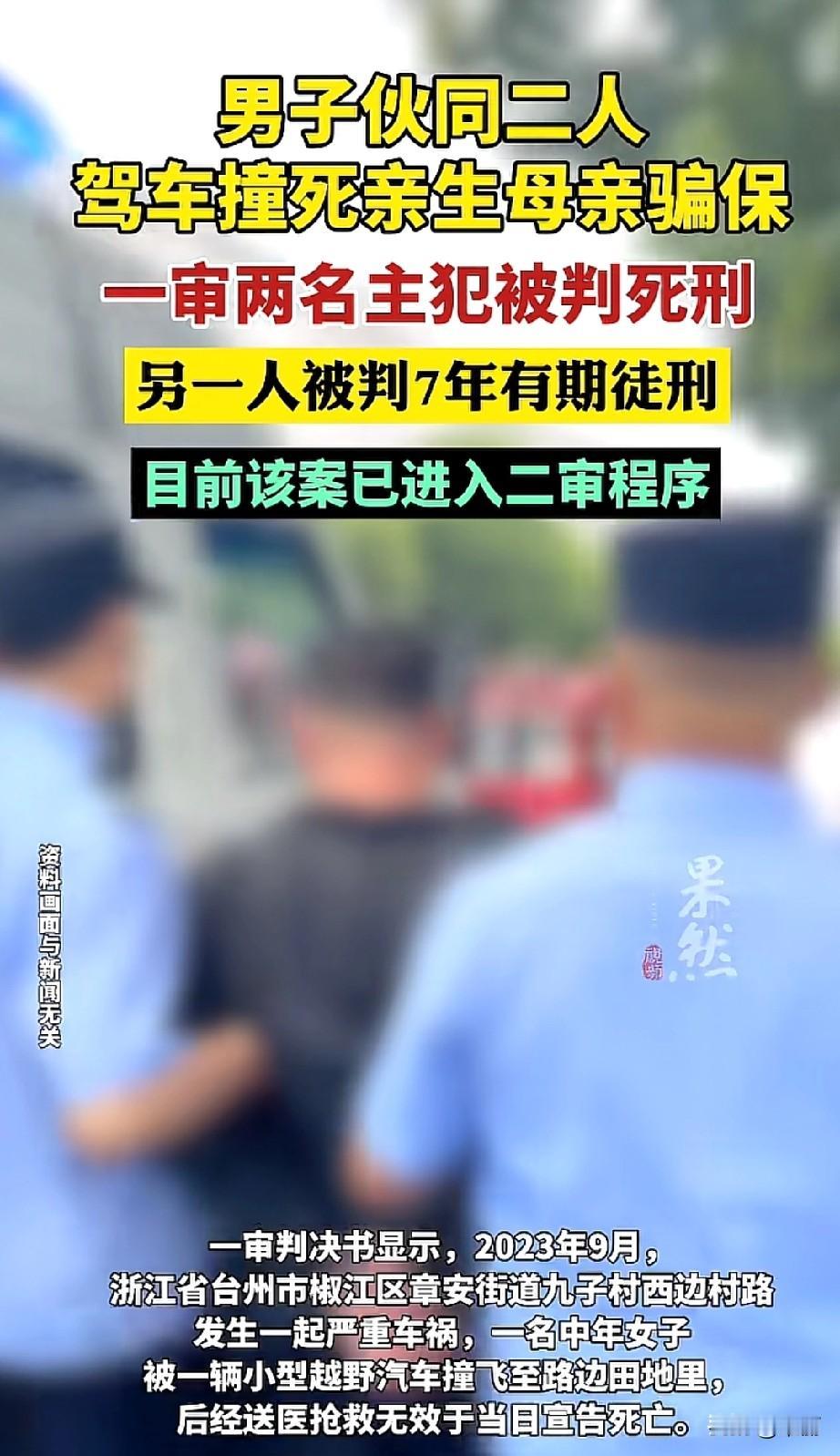 2023年9月，浙江台州椒江，卢某某伙同杨某某、程某驾车撞死亲生母亲徐某某，制造