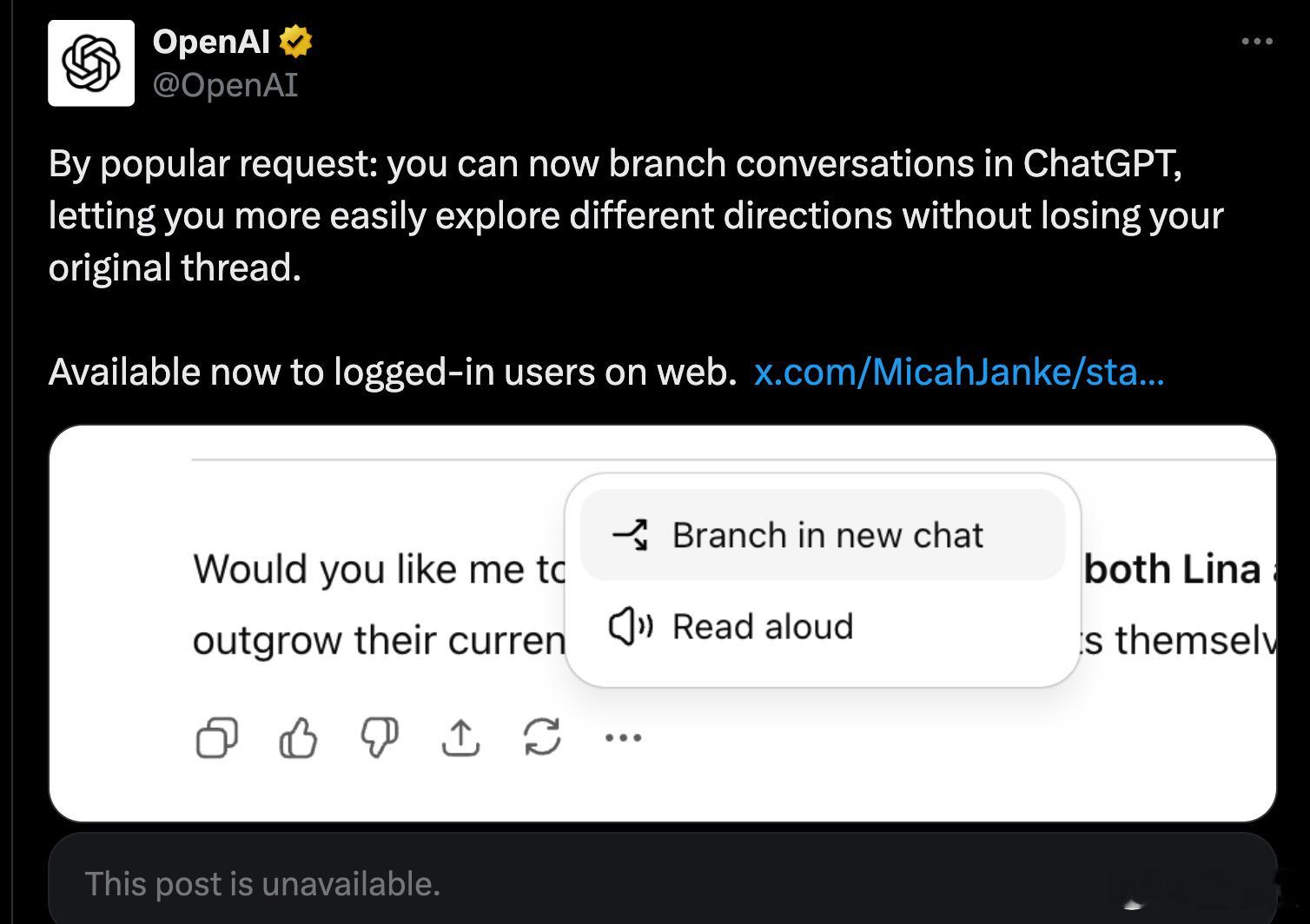 ChatGPT上线对话分支功能ChatGPT新功能创业公司躺枪OpenAI上线了