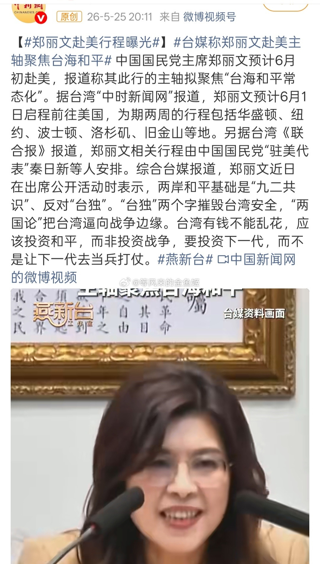 郑丽文赴美行程曝光只谈和平不谈统一，上贡是要上贡的，但额度要美好点。蓝绿只是对上